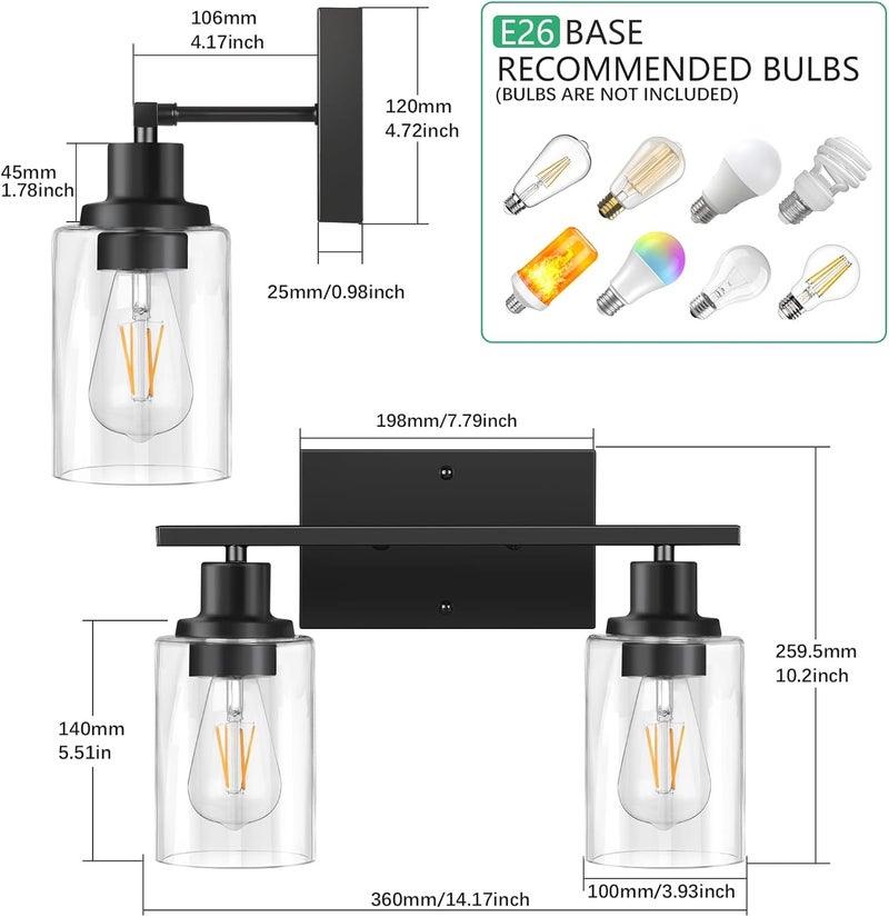 SHINETECH 2-Light Bathroom Vanity Light Fixtures, Modern Wall Lighting with Clear Glass Shade, Matte Black Finished Wall Sconce Lighting for Mirror - Image 3